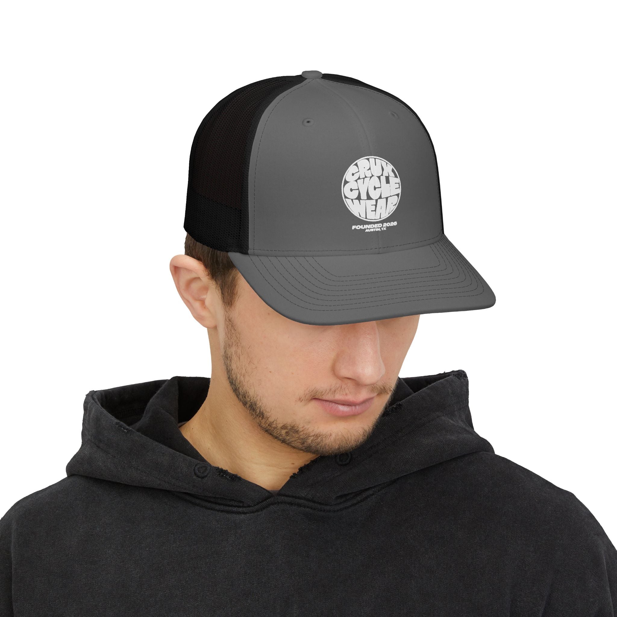 Trucker Cap — Black Grunge Globe Logo "Powerful Youth"